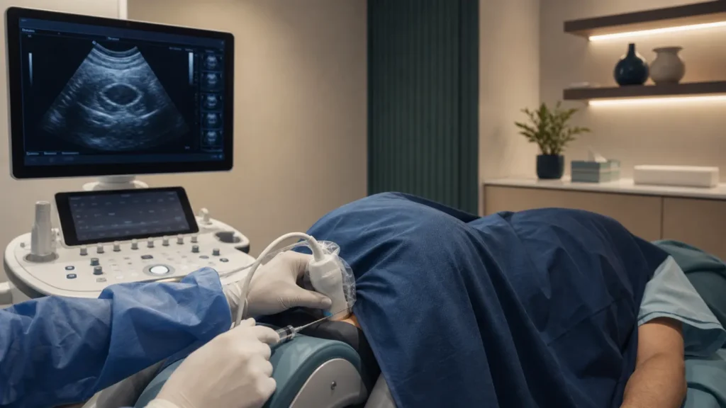 Procedimento de biópsia transperineal guiado por ultrassom